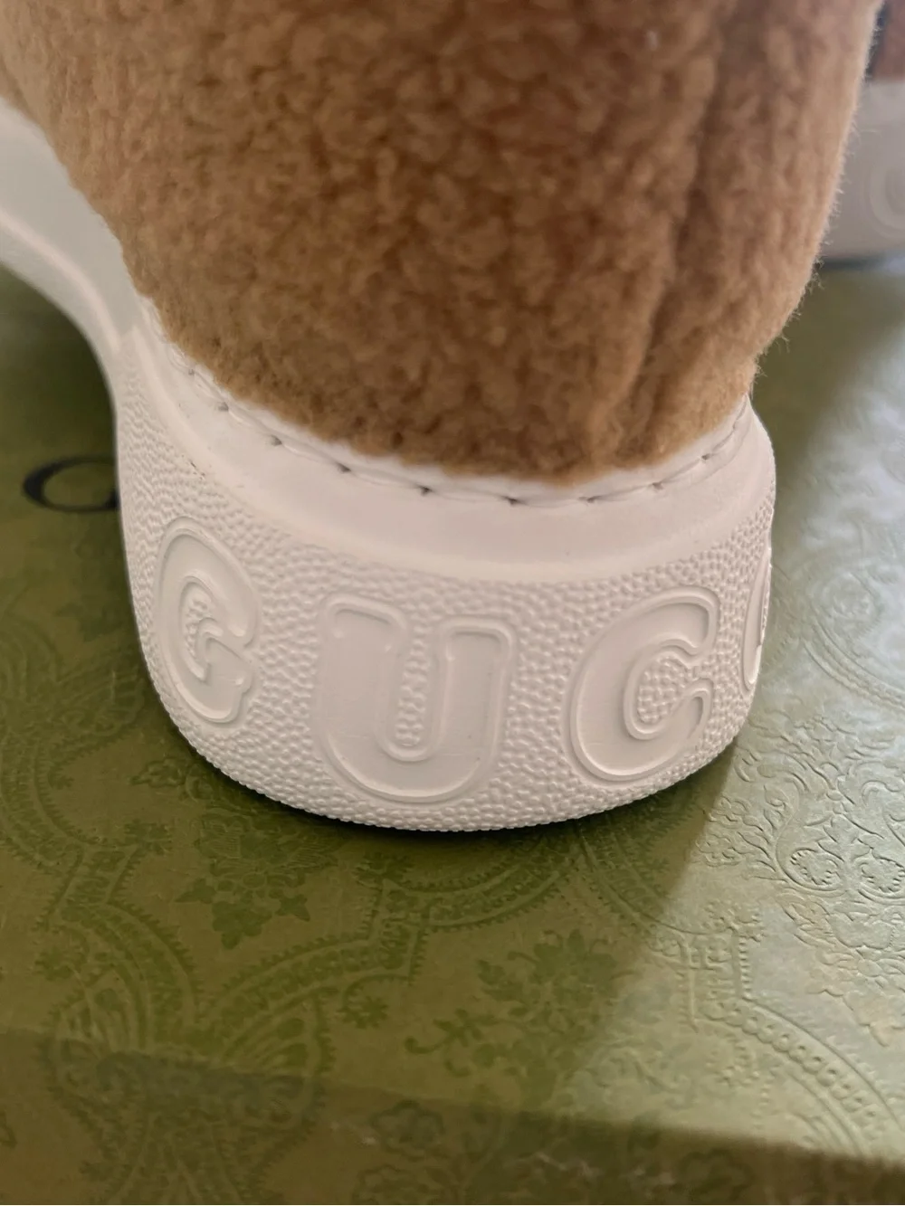 Gucci Tan Shearling Boot with Red & Green Stripe and Yellow Logo.